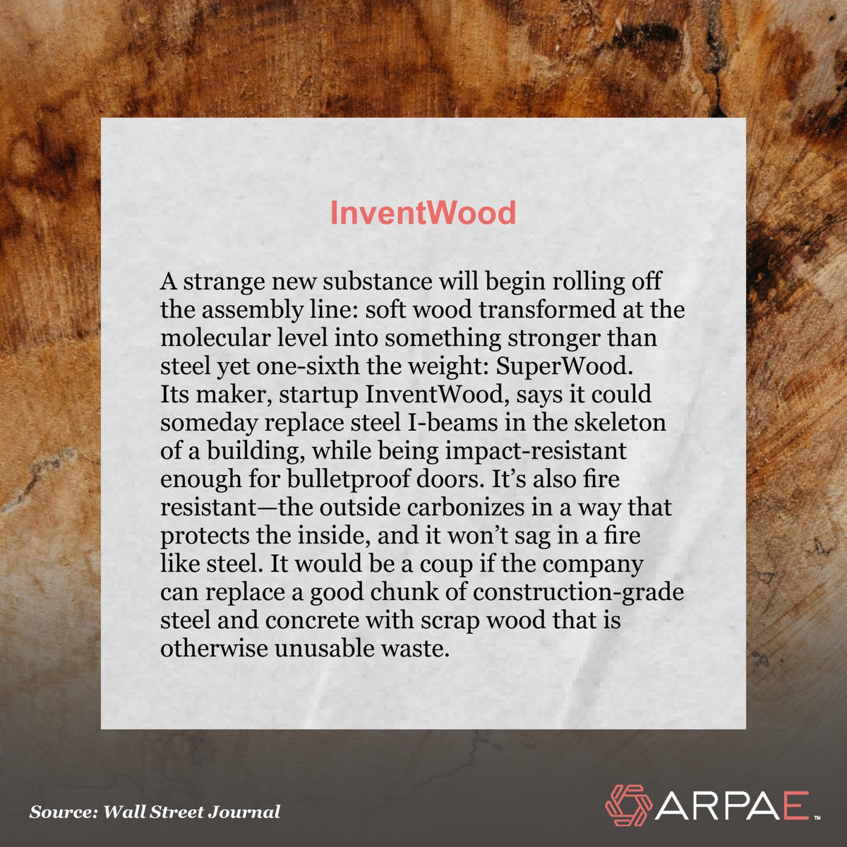 ARPAE's tweet image. SuperWood is stronger than steel, yet 1/6 the weight. @invent_wood, funded in part by @ARPAE, says it could someday replace steel I-beams in the skeleton of a building, while being impact-resistant enough for bulletproof doors.
Read more below in @WSJ.
bit.ly/4nA0CLJ