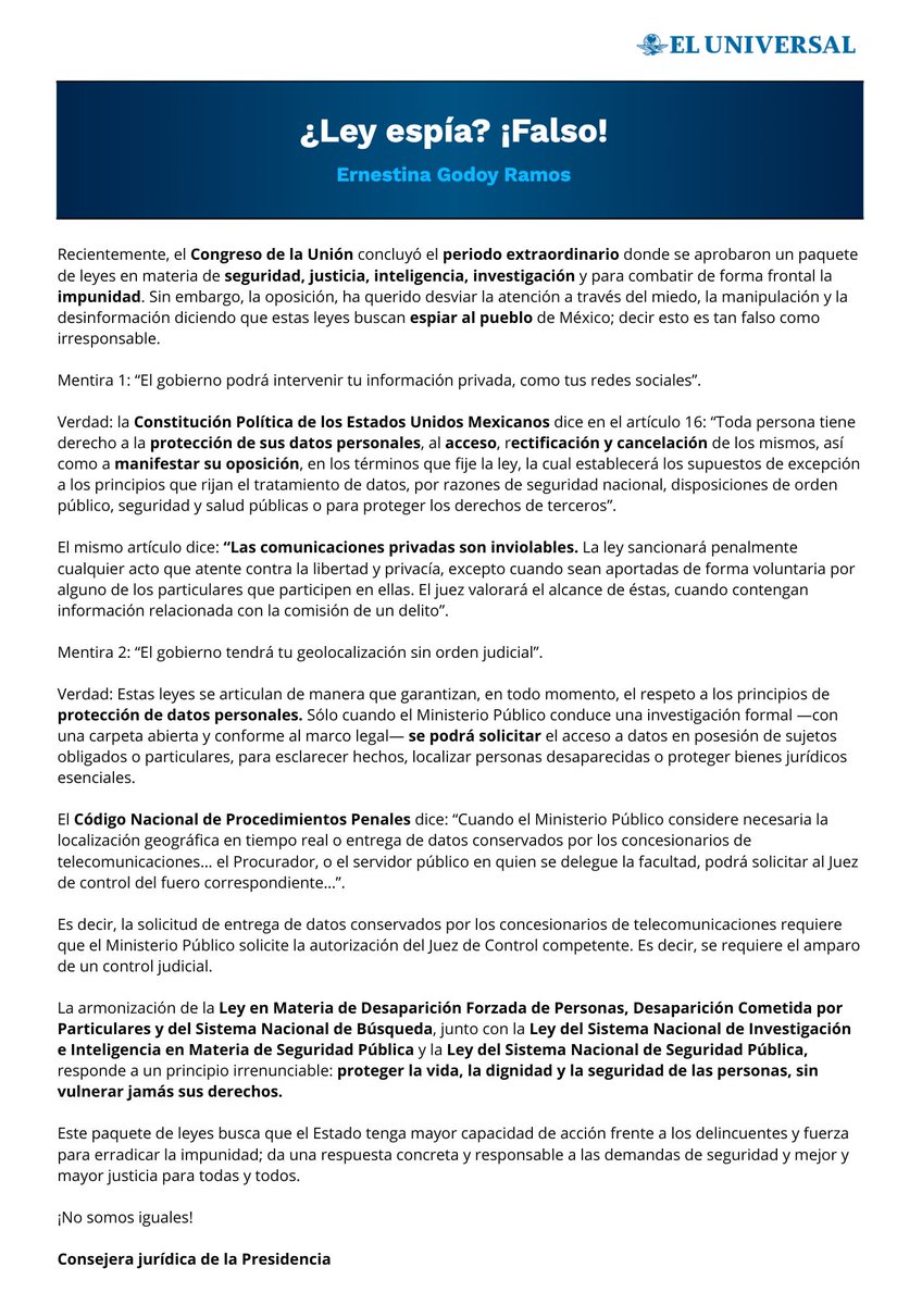 ErnestinaGodoy_'s tweet photo. Parte de la misión del Gobierno Federal es proteger los derechos de las y los mexicanos, no vulnerarlos. 
Bajo este principio, dedico mi columna semanal a desmentir los engaños que se han generado con la aprobación en el Congreso de la Unión, del nuevo paquete de leyes. https://t.co/c4Z8bBumRh