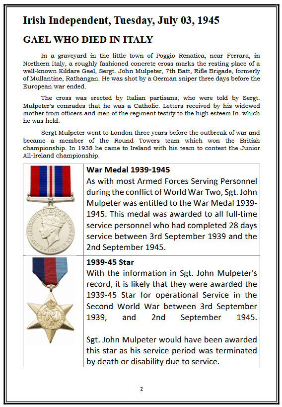 curraghhistory's tweet image. The Leinster Leader of this day 80 years ago, gave an account of the death of Sergeant John Mulpeter from Rathangan, Co. Kildare. John was the much respected Platoon Sergeant of “Paddy’s Platoon”, 7th Bn, The London Rifle Brigade.
curragh.info/archives/SgtJo…
