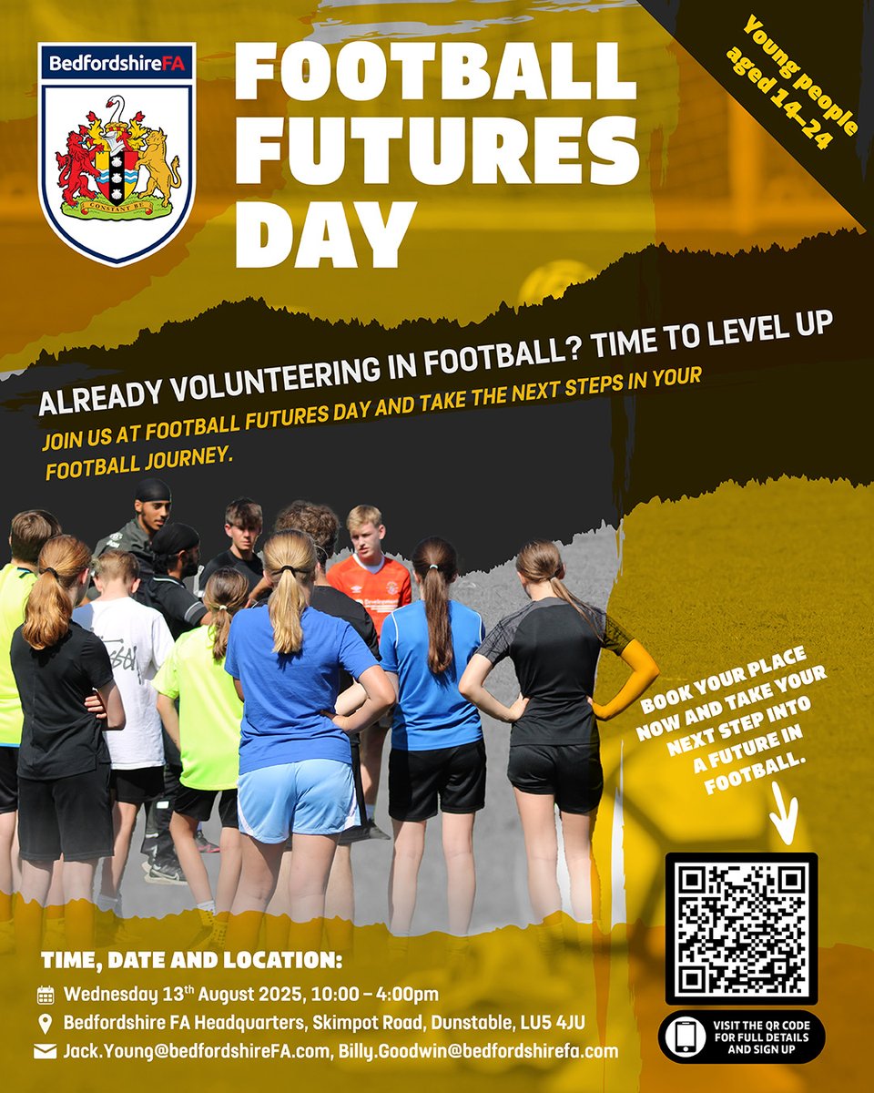 ⚽️FOOTBALL FUTURES DAY⚽️
Book your place now and take your next step into a future in football FOR FREE!
📅 WED 13th AUG 2025
⏲️10:00am - 4:00pm
📍Bedfordshire FA HQ, Skimpot Rd, LU5 4JU
For more information👇
app.smartsheet.com/b/form/63b33dc…
