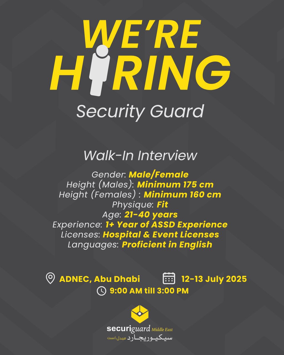 SecuriguardME's tweet photo. We're Hiring!
Join our team at SecuriGuard Middle East and take the next step in your career!
Visit us at ADNEC for a walk-in interview on the 12th &amp; 13th of July, from 9:00 AM till 3:00 PM. https://t.co/m1cuQlxSz7