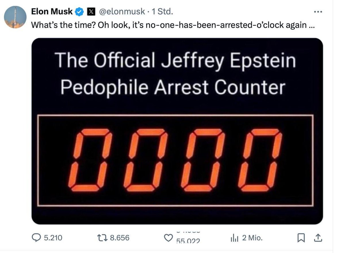 Epstein-Countdown. Elon Musk kritisiert (zurecht) erneut, dass die Epstein-Akten noch immer geheim gehalten werden &amp; keinerlei Ergebnisse präsentiert werden ... außer natürlich, dass dies das Ergebnis ist. 🤷‍♂️😉