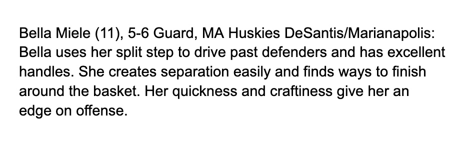 Bella Miele (@bellamiele11) on Twitter photo Proud to be named "First Team All Gym Rat". Thanks <a href="/GymRatCHALLENGE/">GymRat CHALLENGE-GymRat LIVE-GymRat RECRUITING IDX</a> for the write up. <a href="/MAHuskies/">MA_Huskies</a> <a href="/MPrepGBB/">MPrep GBB</a> <a href="/Coach_Adu/">Michael Adu</a> <a href="/NEPSGBCA/">NEPSGBCA</a> #yeahbell #basketball Proud to be named "First Team All Gym Rat". Thanks <a href="/GymRatCHALLENGE/">GymRat CHALLENGE-GymRat LIVE-GymRat RECRUITING IDX</a> for the write up. <a href="/MAHuskies/">MA_Huskies</a> <a href="/MPrepGBB/">MPrep GBB</a> <a href="/Coach_Adu/">Michael Adu</a> <a href="/NEPSGBCA/">NEPSGBCA</a> #yeahbell #basketball