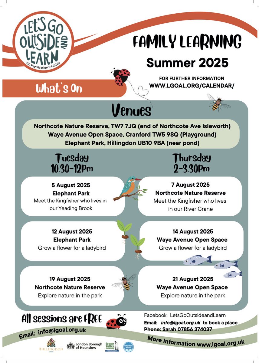 Crane Valley Partnership (@cvp_cranevalley) on Twitter photo Looking for some activities to entertain the family during the school summer holiday? <a href="/LetOutside/">Let's Go Outside & Learn</a> is hosting some FREE nature-based 'Family Learning' sessions in August at three venues in the Crane Valley.
<a href="/habsandheritage/">Habitats & Heritage</a> <a href="/FriendsRivCrane/">FORCE</a> <a href="/Hillingdon/">Hillingdon Council</a> <a href="/LBofHounslow/">Hounslow Council</a> Looking for some activities to entertain the family during the school summer holiday? <a href="/LetOutside/">Let's Go Outside & Learn</a> is hosting some FREE nature-based 'Family Learning' sessions in August at three venues in the Crane Valley.
<a href="/habsandheritage/">Habitats & Heritage</a> <a href="/FriendsRivCrane/">FORCE</a> <a href="/Hillingdon/">Hillingdon Council</a> <a href="/LBofHounslow/">Hounslow Council</a>