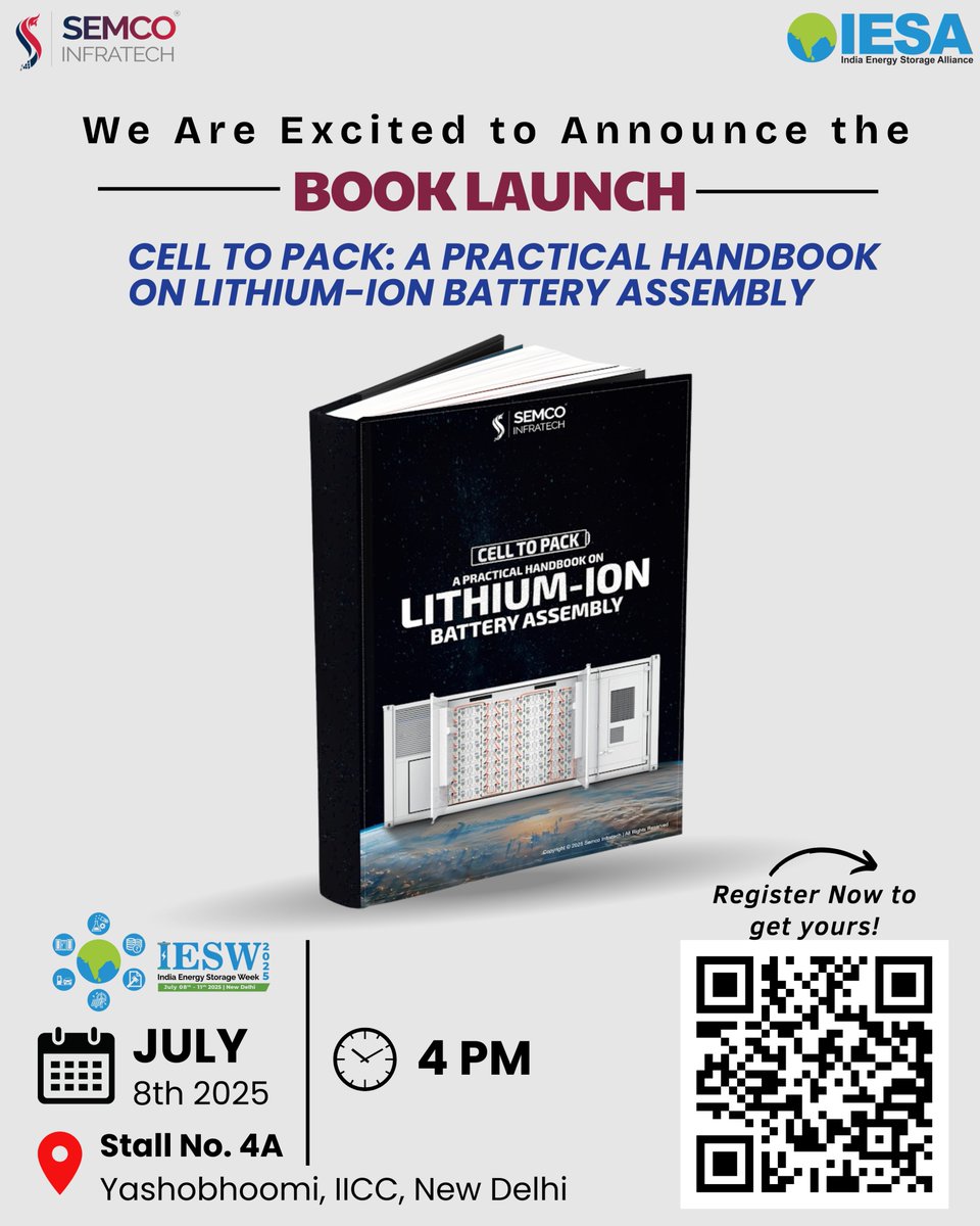 We Are Excited to Announce the Launch of Our New #Book! "Cell to Pack: A Practical Handbook on Lithium-ion Battery Assembly." 

Officially Launching at <a href="/IndiaESA/">IESA</a> | Visit us at Stall No. 4A to grab your copy or explore more.

Register Now: forms.gle/qknL9t5UPGk82b…