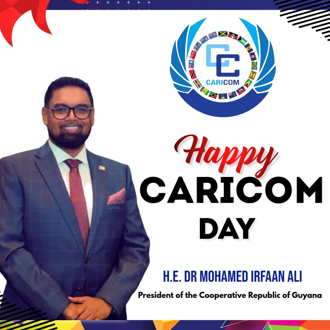 President Dr Irfaan Ali (@presidentaligy) on Twitter photo On this CARICOM Day, I extend heartfelt greetings and warmest wishes to all Guyanese and our brothers and sistersacross the vibrant Caribbean Community. This is a day to celebrate not only our shared history and rich cultural heritagebut also the unbreakable bonds of regional On this CARICOM Day, I extend heartfelt greetings and warmest wishes to all Guyanese and our brothers and sistersacross the vibrant Caribbean Community. This is a day to celebrate not only our shared history and rich cultural heritagebut also the unbreakable bonds of regional