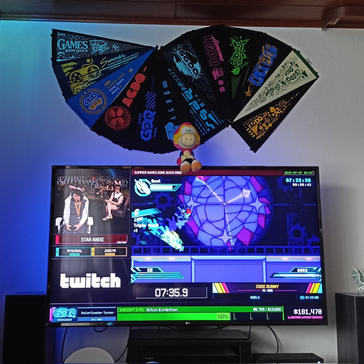 reaperverse's tweet photo. @GamesDoneQuick Another Summer, another SGDQ, another Pennant, another Velocity (thank you yetee), another Donation.  GO FAST! TRANS RIGHTS! SAVE LIVES! @GamesDoneQuick @MSF https://t.co/Tlk4cnbReN