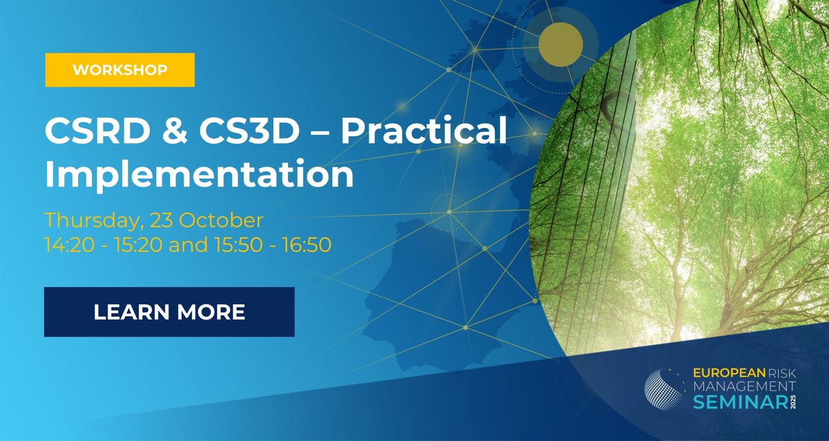 Navigating EU sustainability rules? Don’t miss our workshop “CSRD &amp; CS3D – Practical Implementation” at #FERMASeminar 2025.

Get insights on early CSRD reports, CS3D rollout &amp; the Omnibus law’s impact.

🔗Find out more: ferma-seminar.eu/sessions/works…