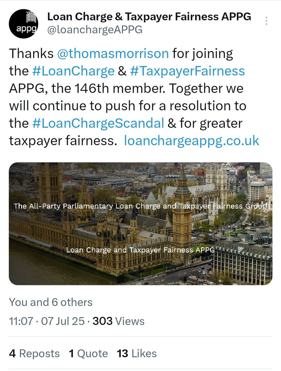 Is your MP member <a href="/loanchargeAPPG/">Loan Charge & Taxpayer Fairness APPG</a>, one of largest APPG's ever? If not, please ask them to join. 

With shocking revelation that companies settled for 15%, #LoanChargeScandal injustice clear.

Thank you <a href="/ThomasMorrison/">Tom Morrison MP</a> &amp; all others who joined recently. 

x.com/loanchargeAPPG…