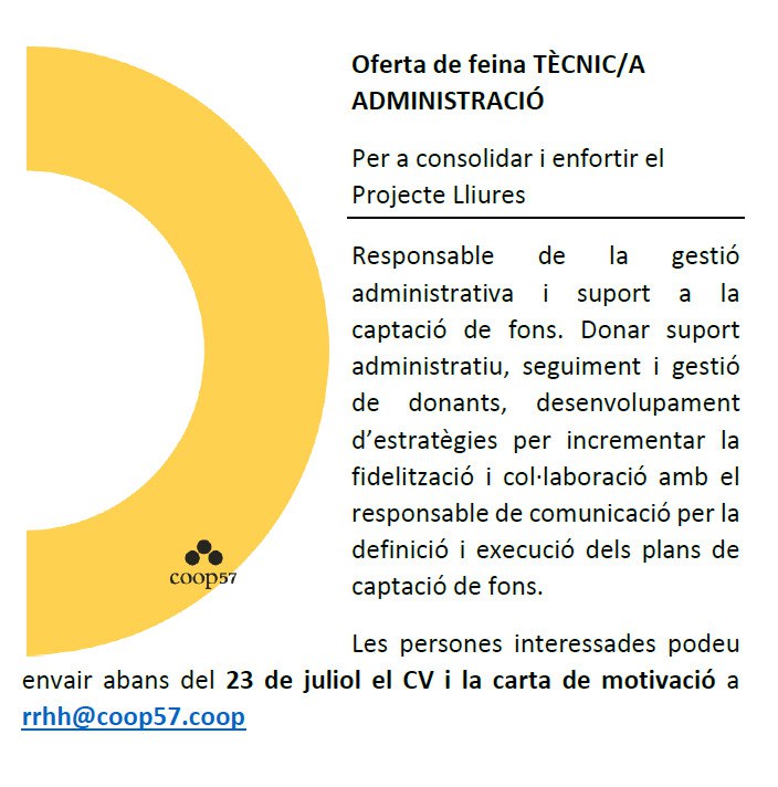Coop57 Catalunya (@coop57catalunya) on Twitter photo 🟡Obrim un procés per incorporar una persona per a consolidar el <a href="/projectelliures/">Projecte Lliures</a>.
👉🏾Busquem una persona amb experiència en suport administratiu i gestió de dades, que tingui compromís amb la missió i valors de Coop57 i el Projecte Lliures.
🔗+ INFO: ja.cat/COOP57Ofertall… 🟡Obrim un procés per incorporar una persona per a consolidar el <a href="/projectelliures/">Projecte Lliures</a>.
👉🏾Busquem una persona amb experiència en suport administratiu i gestió de dades, que tingui compromís amb la missió i valors de Coop57 i el Projecte Lliures.
🔗+ INFO: ja.cat/COOP57Ofertall…