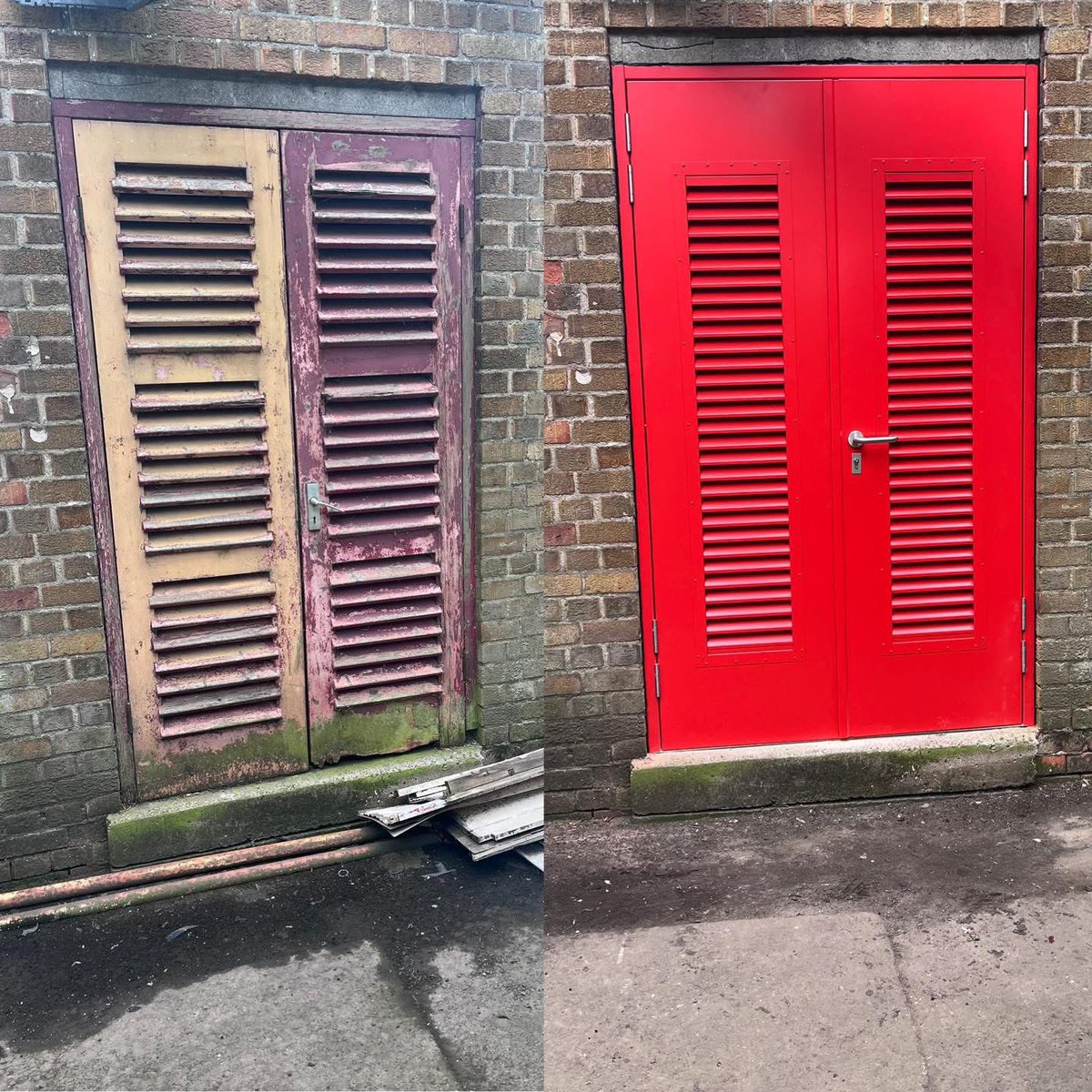 Some before and after shots of steel security doors we have installed at Preston Fire Station.
I think you will agree the transformation is amazing, our customer now has a set of doors that function correctly and are secure.
We completed this project on behalf of Houltons.