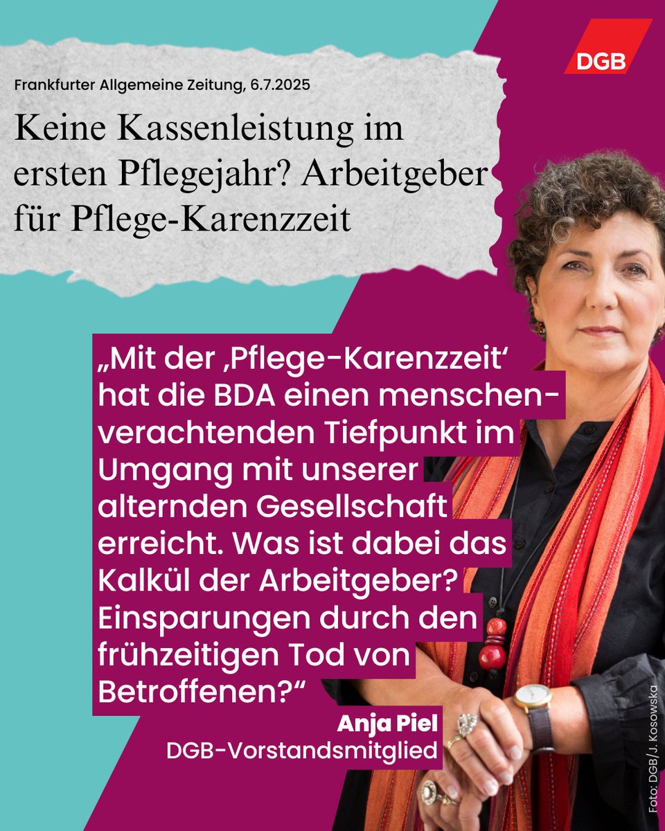 Die Pflegekommission muss den Arbeitgeber-Vorschlag einer #Pflege-Karenzzeit mit aller Härte zurückweisen, so unser Vorstandsmitglied <a href="/Anja_Piel/">Anja Piel</a>: "Sie wäre ein schlechter Dank an all die Menschen, die mit ihrem lebenslangen Einsatz das Land nach zwei Kriegen für uns wieder