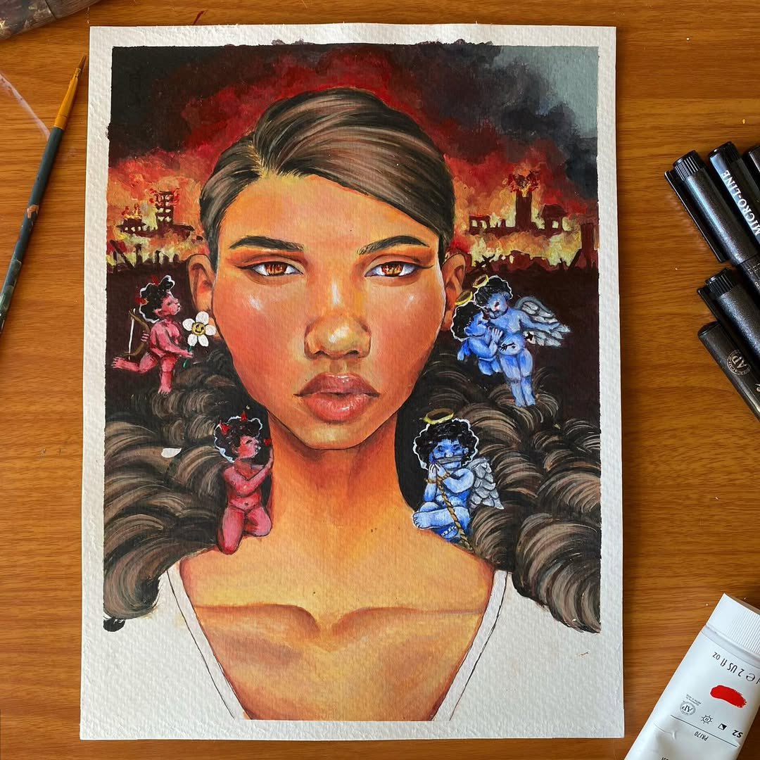 Trials &amp; Tribulations (2025)

Acrylics // 9x11 Watercolor

My first piece kicking off the new year titled "Trials and tribulations'"I was talking about how everyone has a moral compass (intuition or god and devil on the shoulders)