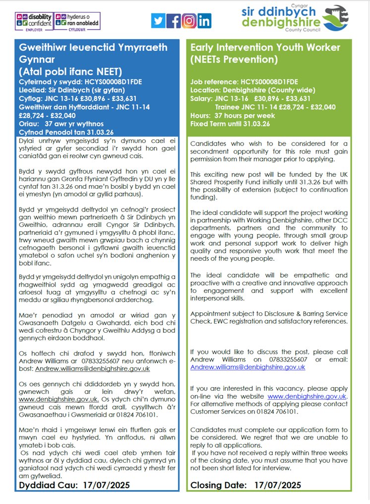 !!!Dewch i weithio efo ni!!!
!!!Come and work with us!!!
Dyddiad cau / closing date: 17/07/25

workfor.denbighshire.gov.uk/tlive_webrecru…

<a href="/CyngorSDd/">CyngorSirDdinbych</a> 
<a href="/DenbighshireCC/">DenbighshireCC</a> 
<a href="/denbighshirejob/">denbighshire jobs</a> 
@swyddicyngorsirddinb