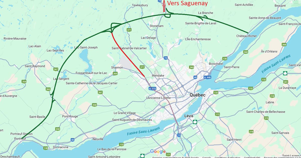 Volontariste's tweet photo. #CapitaleNationale
Il faut non seulement un pont à l'est (très à l'est), mais aussi une méga autoroute👇(avec péage) contournant #Québec par le nord, de la 40 dans #Portneuf jusqu'à la 138 à Château-Richer, avec limite de vitesse à 130 km/h.
#3eLien #VoieDeContournement #polqc https://t.co/KNt3gSs9KS