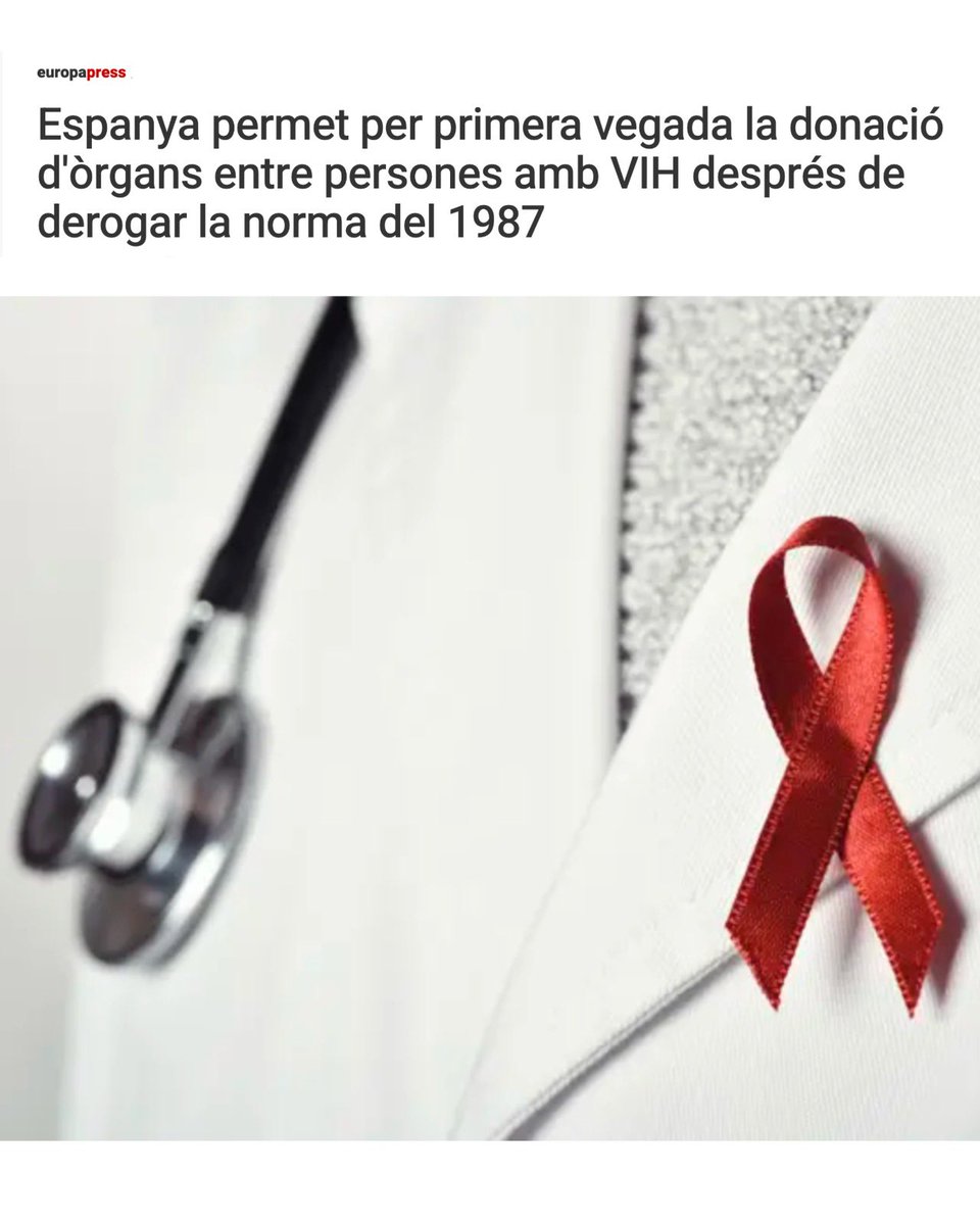🎉 Celebrem un pas cap a una societat més justa i inclusiva per a les persones amb #VIH.
Ja poden ser donants d’òrgans per a receptors amb la mateixa infecció.

Es posa fi a una discriminació vigent des de 1987.

💪 Més vides que es poden salvar, sense exclusions.