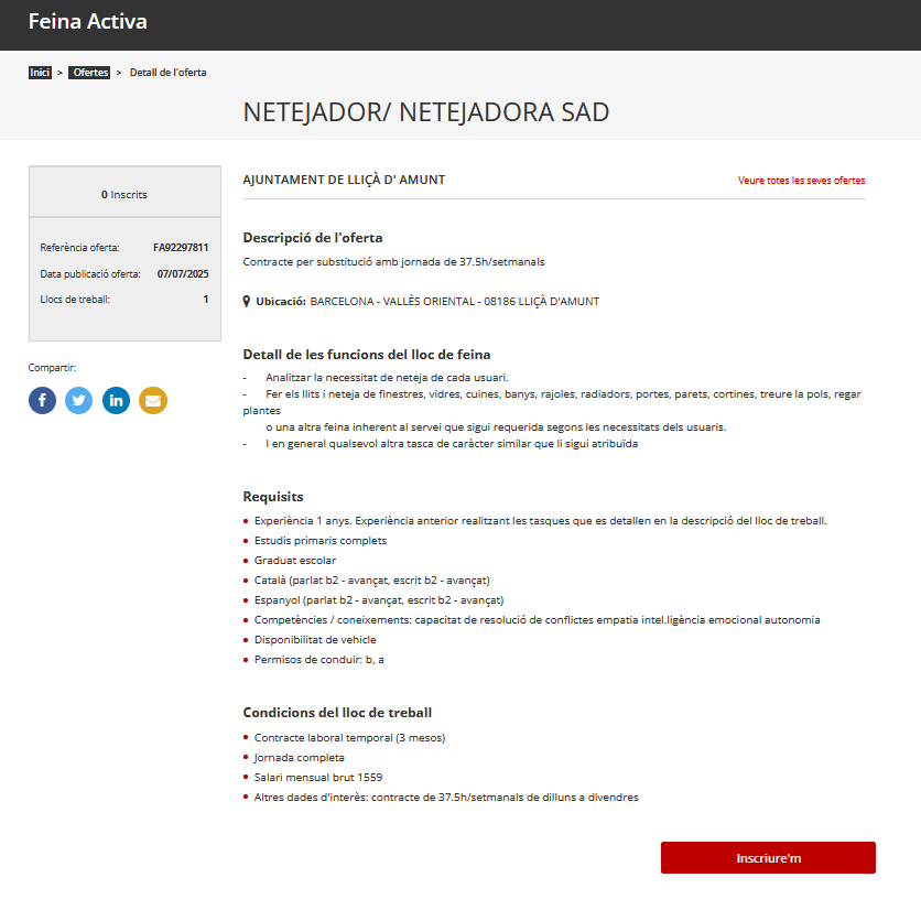 📢 L'ajuntament ha publicat una oferta de feina amb caràcter temporal:
☑ Netejador/a pel Servei d'Atenció a Domicili (SAD)
ℹ  llam.cat/netejadorasad
#LliçàdAmunt