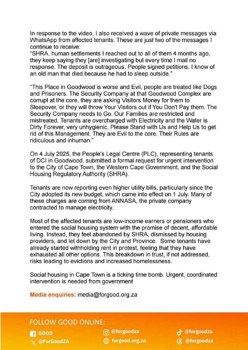 🚨 SOCIAL HOUSING CRISIS IN CAPE TOWN 🚨
Tenants are being exploited, ignored, and mistreated, while the City looks away.

GOOD is calling for urgent intervention before this ticking time bomb explodes.

READ MORE ➡️  f.mtr.cool/ycnysftrcn

#CapeTown #SocialHousing #GOODParty