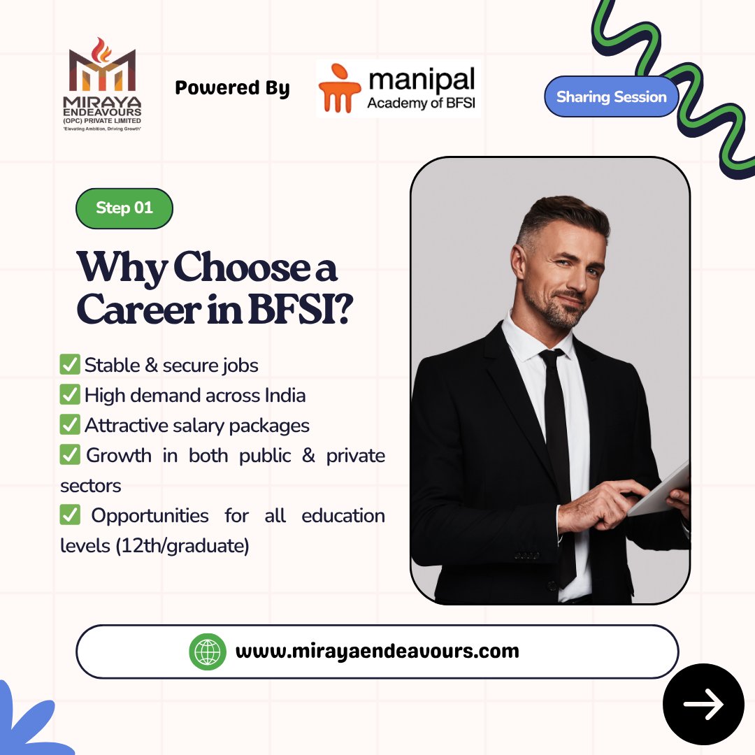 MirayaEndeavour's tweet photo. 💼 BFSI = Banking, Financial Services &amp; Insurance
Do you know what roles you can build your career in?
At Miraya Endeavours, powered by Manipal Academy of BFSI, we train you in every key area:
📊 Finance Management
🏦 Investment &amp; Loan Management
🖥️ Banking Portals &amp; Services https://t.co/kdQbKYGAdg