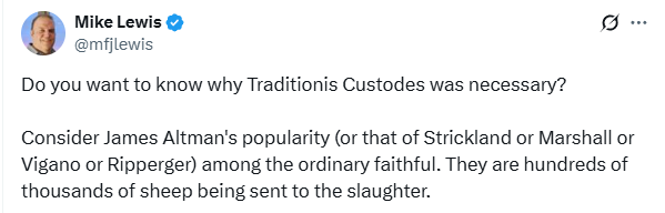 ThaddeusPapist's tweet image. This is nonsense. Those who share such views won't be affected by TC, they'll just go to SSPX which doesn't give a shit about it and proceed as if it doesn't exist.
Those who are obedient to V2 and whatnot, are punished for something that is no fault of their own.