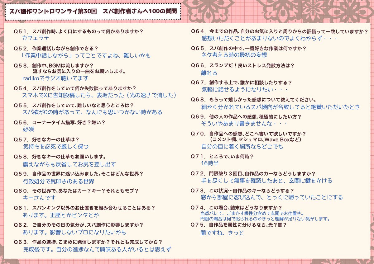 Spa1Tam's tweet photo. 3月のぎっくり腰以来、スパ欲不調でワンライさんにほとんど参加できてませんが、100質問をやってみました！ 第30回おめでとうございます。

 #spa_1dra_1wri
@spa_1dra_1wri https://t.co/ticzy8p10k