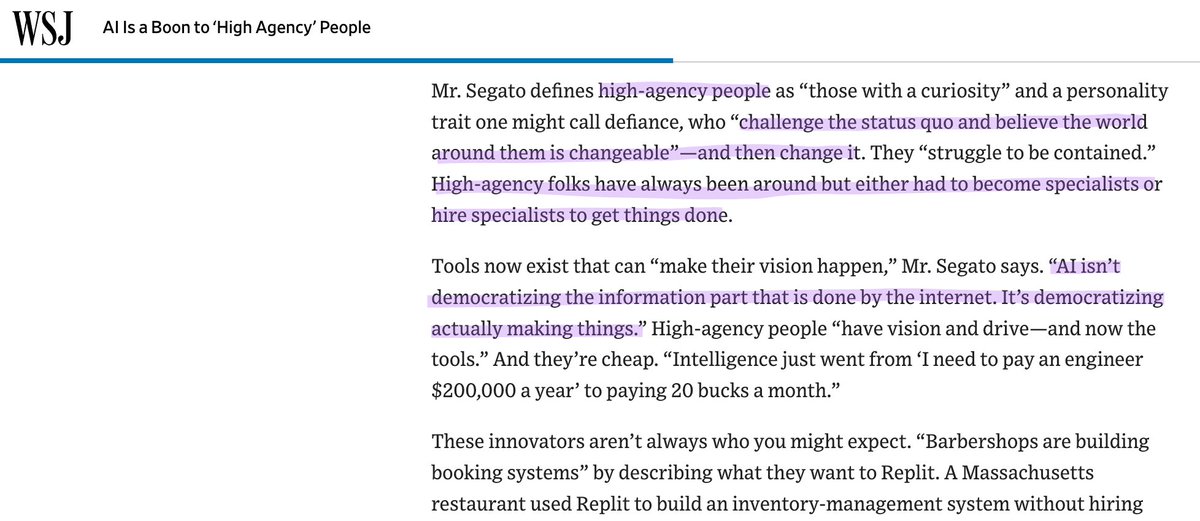 Agency.

Is that the fulcrum for AI impact?

"AI isn't democratizing the information part, that's done by the internet. It's democratizing actually making things."

Makes sense. We've been arguing over who's job it will take, and what profile will benefit the most (strong
