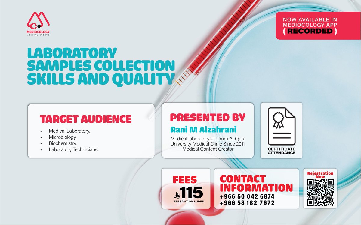 حاب تطور مهاراتك في جمع العينات وتلتزم بأعلى معايير الجودة؟

🧪 LABORATORY SAMPLES COLLECTION SKILLS &amp; QUALITY

🔗 للتسجيل: forms.gle/k9Aahm9h988UPc…

مع أ. راني الزهراني <a href="/Rani_lab/">Rani Lab</a>، راح تتعلم:
خطوات جمع العينات بطريقة صحيحة
تجنب الأخطاء الشائعة
كيف تضمن نتائج دقيقة وجودة عالية

📍