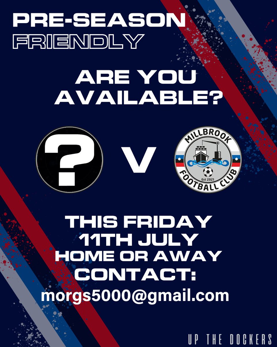 Millbrook FC (@millbrook_fc) on Twitter photo π¨FRIENDLY FIXTURE AVAILABLE π¨
We are looking for a team to play this Friday 11th July.
Please reach out to
morgs5000@gmail.com π¨FRIENDLY FIXTURE AVAILABLE π¨
We are looking for a team to play this Friday 11th July.
Please reach out to
morgs5000@gmail.com