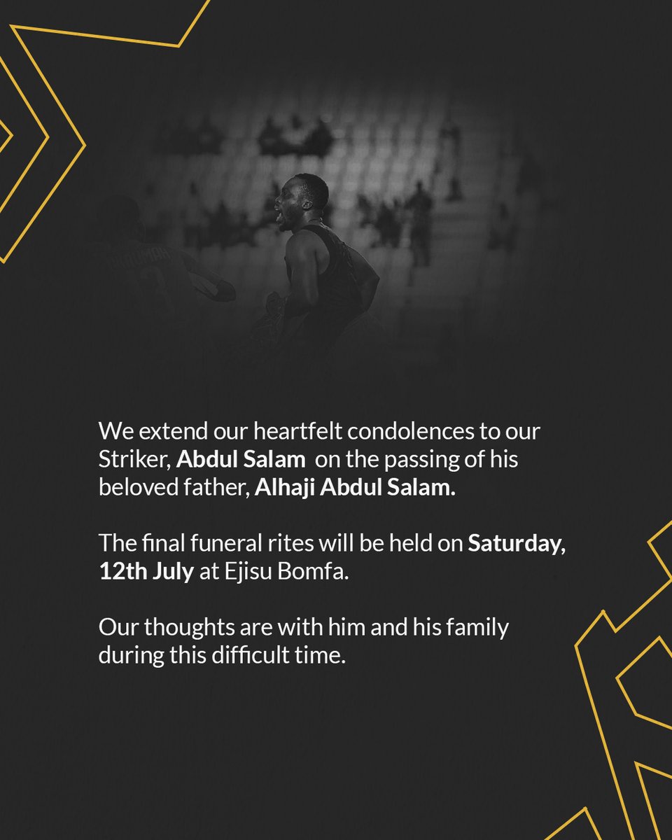 MedeamaSC's tweet image. We extend our heartfelt condolences to our Striker, Abdul Salam on the passing of his beloved father, Alhaji Abdul Salam.
The final funeral rites will be held on Saturday, 12th July at Ejisu Bomfa.
Our thoughts are with him and his family during this difficult time.