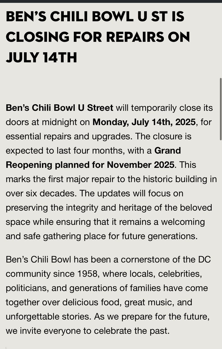 Ben’s Chili Bowl will be temporarily closed under renovation for 4 months starting next Monday 

benschilibowl.com/media.php?Ben-…