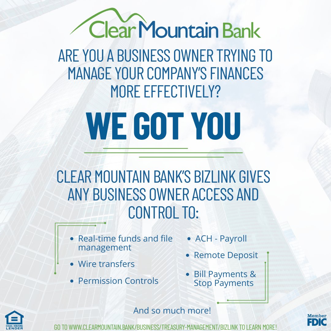 ClearMtBank's tweet image. Your business has goals - Bizlink will help you reach them.

From simplified banking to powerful financial tools, Clear Mountain Bank&apos;s Bizlink is built to move your business forward. 

Go to clearmountain.bank/business/treas… to learn more!

#BizLink #ClearMountainBank #BusinessBanking