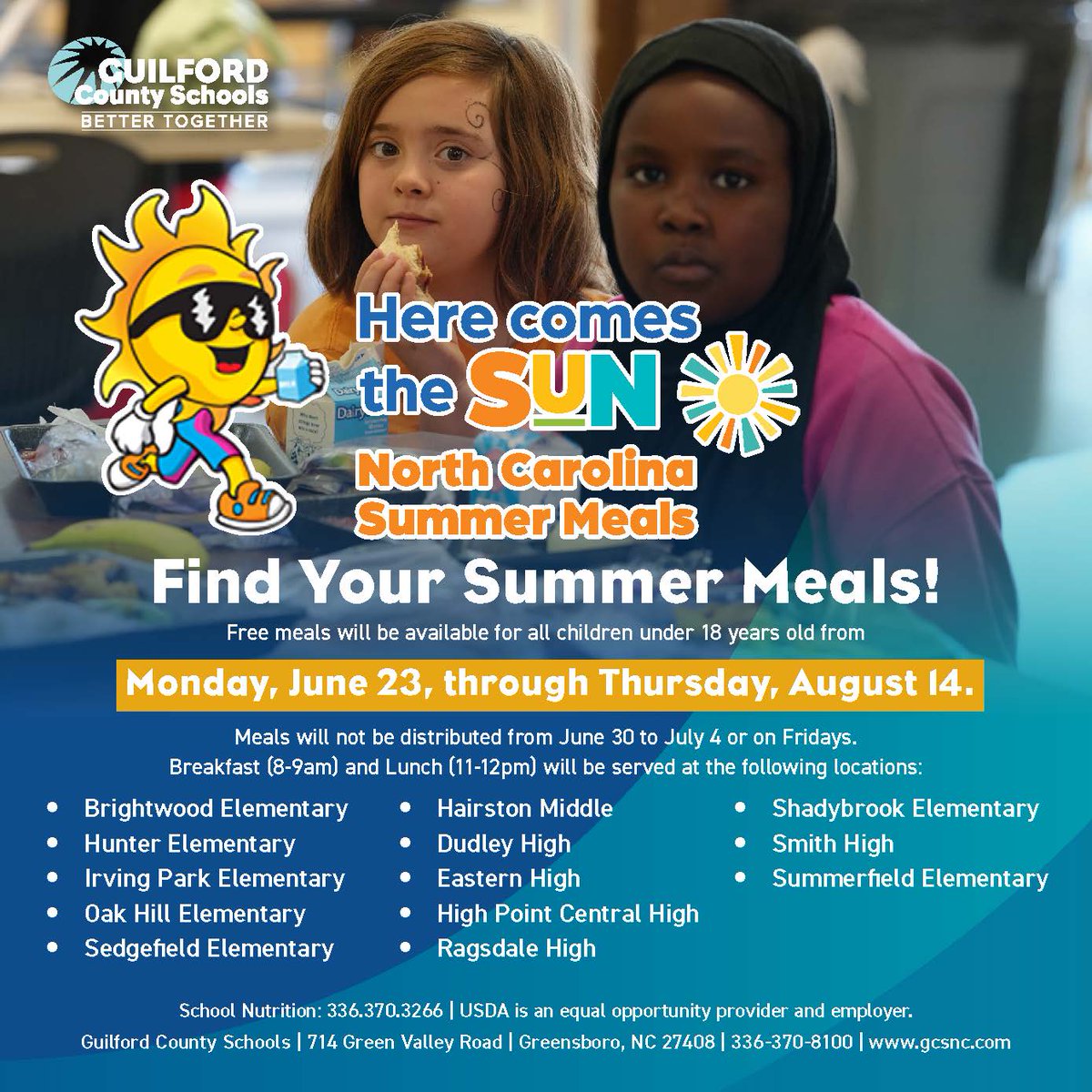 🍽️🍎Summer meals resume today! Breakfast is 8-9 am and lunch is 11-12 pm at various locations. You can also pick up five days' worth of meals at one of two locations. Bulk pick-ups do require registration.