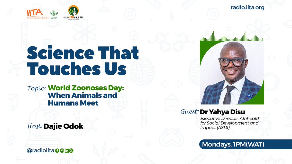 🌍 60% of human diseases come from animals!
This #WorldZoonosesDay, join us on Science That Touches Us with <a href="/ywoga/">Disu Yahya Oyewoga</a> &amp; <a href="/dajieodok/">Dajieodok</a>.

Today 1 PM (WAT)
Listen: radio.iita.org

Topic: When Animals &amp; Humans Meet, how bushmeat, habitat loss &amp; wildlife trade fuel outbreaks.