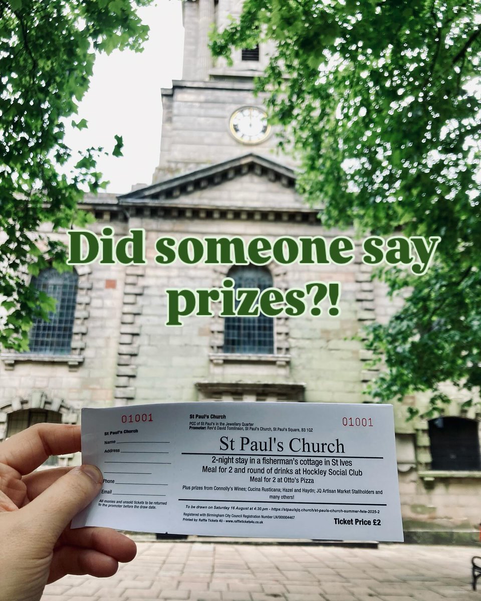📣🚨Raffle tickets for the Summer Fete (Sat Aug 16th, drawn at 4.30pm) for Raise the Roof.
£2 a ticket, available at the Church office, <a href="/Hazelandhaydn/">Hazel & Haydn</a>, <a href="/rbsagallery/">RBSA Gallery</a> or dm us for more information.
With many thanks to those providing prizes.
#raisetheroof #jqbid #stpaulssquare