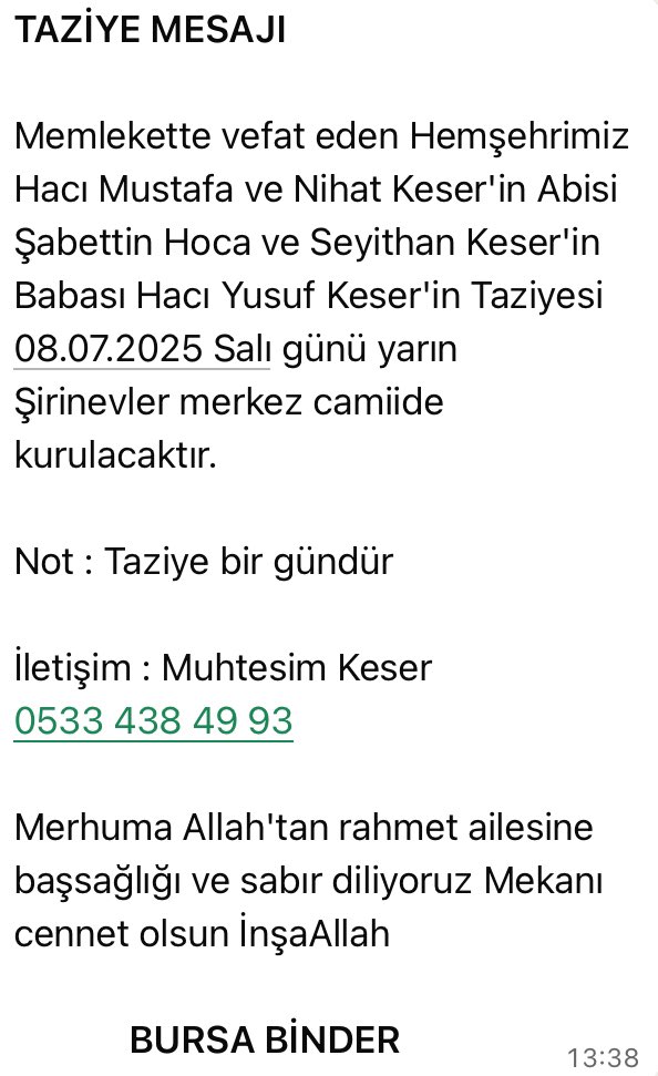 TAZİYE MESAJI…