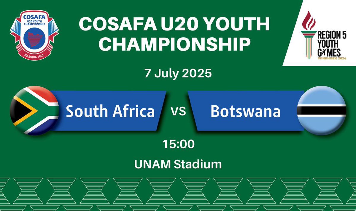 COSAFAMEDIA's tweet photo. South Africa  🇿🇦 🆚 🇧🇼 Botswana
⏰ 15:00
📍 UNAM Stadium
📺 Watch it LIVE here 👇
🔗 https://t.co/T4g6B4cFkB
#COSAFAU20MEN #Region5 #MensFootball #TeamSA #TeamBotswana https://t.co/yEC7VrhG7l