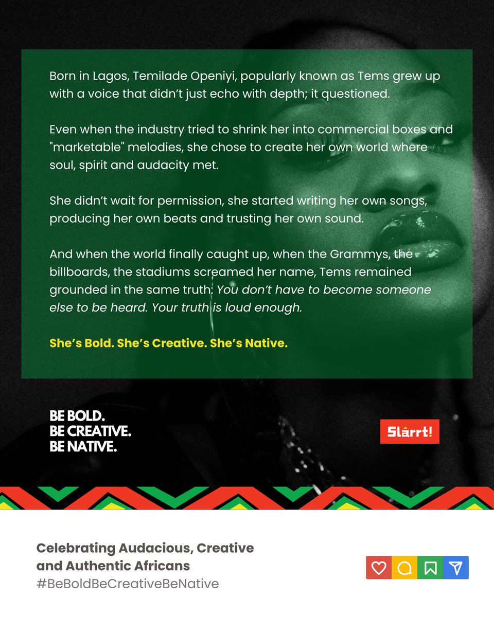 slarrtCA's tweet photo. BE BOLD. BE CREATIVE. BE NATIVE.
At Slarrt, we champion audacious ideas and original voices shaping Africa’s creative future.
Authenticity isn’t optional, it’s our strategy.
#Slarrt #CreativeAfrica #BoldBrands https://t.co/mxAKGCJDMU