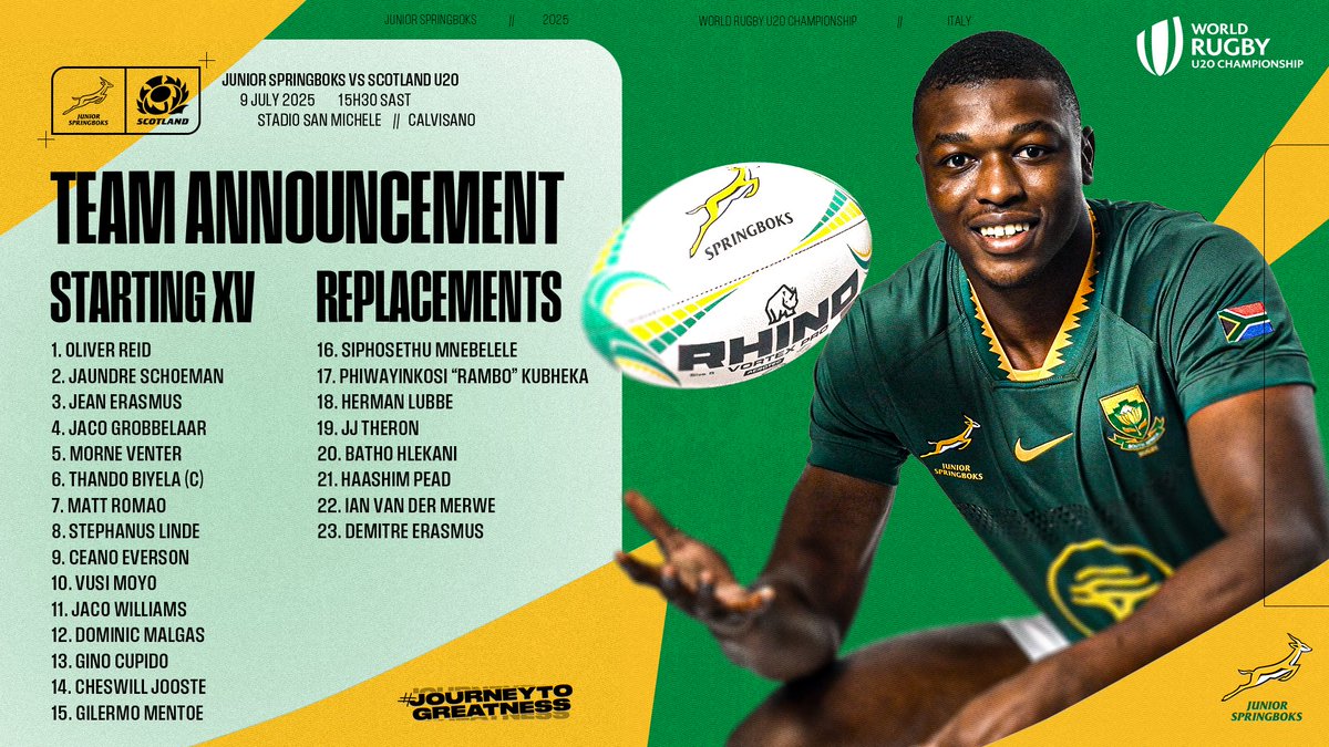 The #JuniorBoks are gearing up for their final #WorldRugbyU20s pool game, against Scotland on Wednesday - more here: tinyurl.com/3xfsudye 🙌
#JourneyToGreatness