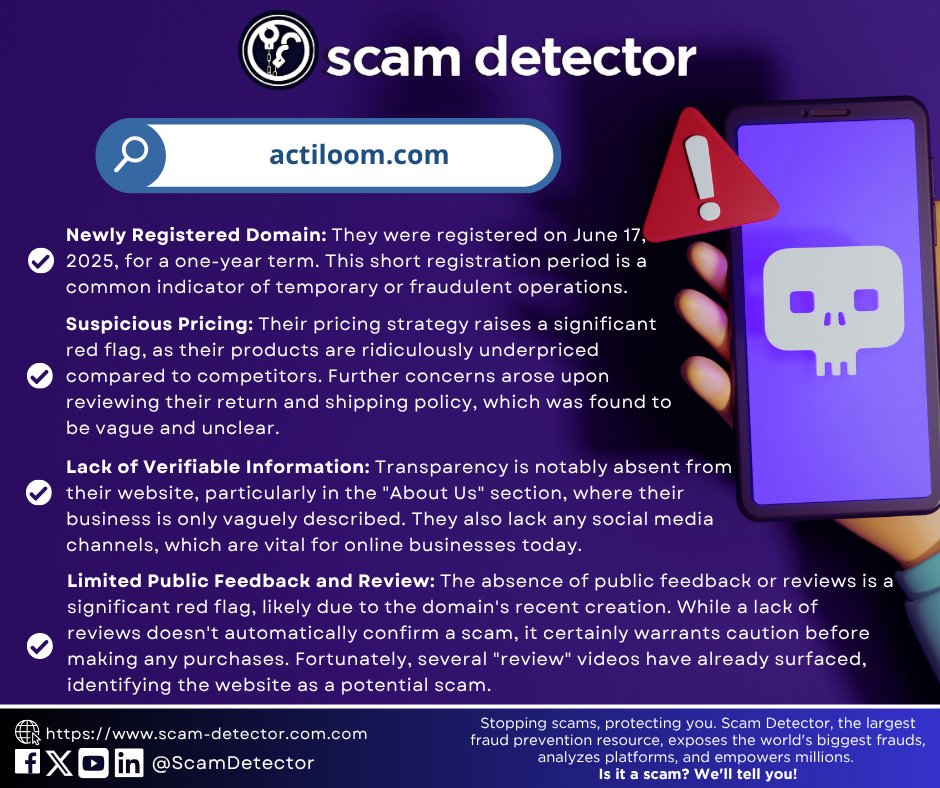 ScamDetector's tweet image. Is actiloom[.]com legit? Learn key security tips to identify online scams before you click. Full validation report: scam-detector.com/validator/acti…

#scamdetectorvalidator #securitytips #validationreport