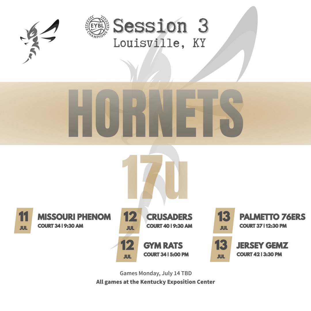 📍Louisville, KY – Session 3
Carolina Hornets 17U is back in action. Full schedule below.

A skilled, athletic group that plays the right way — unselfish, tough, and locked in on both ends.

Coaches — make sure to stop by the Kentucky Exposition Center.