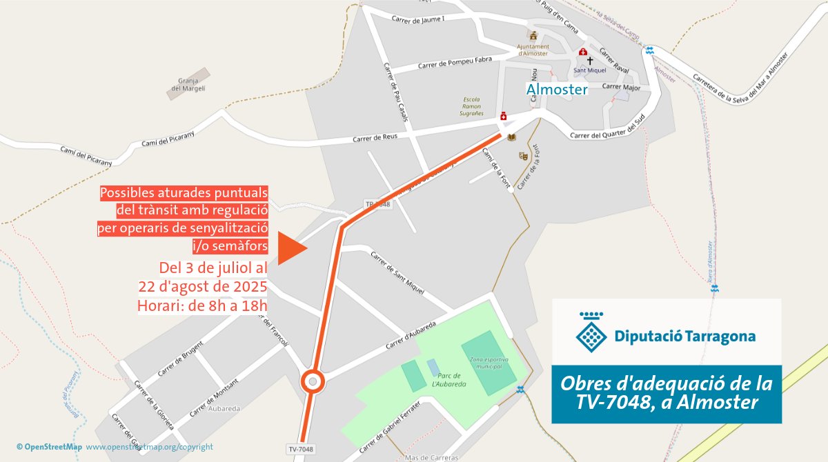 #CarreteresDipta 🟠 Fins al 22/AGO, obres de millora a la travessera de la TV-7048, al nucli d'#Almoster. Hi poden haver aturades puntuals al trànsit amb regulació per semàfor i/o operaris, entre les 8 del matí i les 6 de la tarda.
#BaixCamp <a href="/transit/">Trànsit</a>