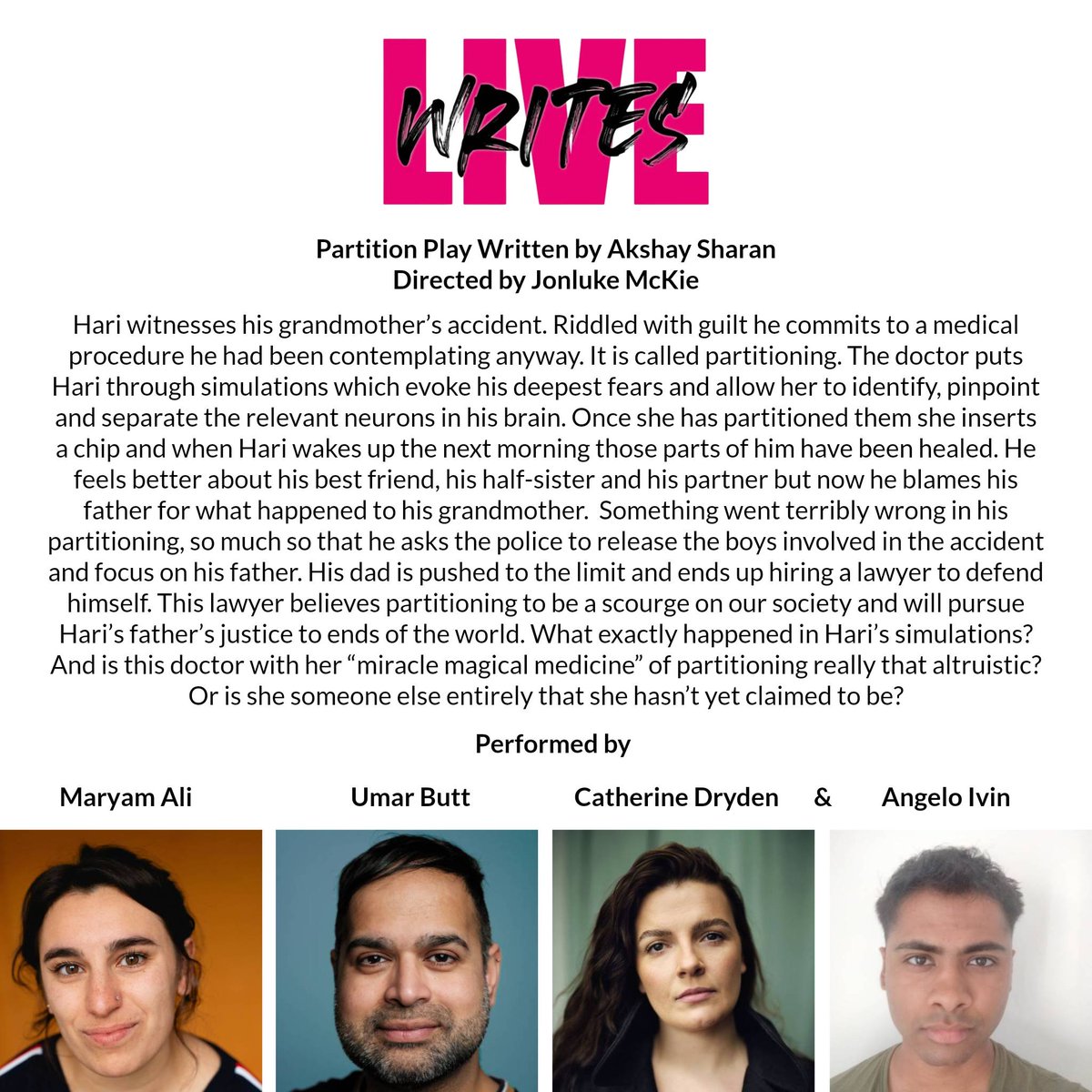 Live Theatre (@livetheatre) on Twitter photo Tomorrow night Tue 8 July, 7.30pm another of the 4 short plays on our #LiveWrites bill is #PartitionPlay Written by <a href="/AkshaySharan1/">Akshay Sharan</a>
Directed by Jonluke McKie
Performed by Maryam Ali, <a href="/umarbutt2046/">Umar</a> <a href="/C3Dryden/">Catherine Dryden</a> & Angelo Ivin
With tickets only £7 - £9 it's a steal to see this wealth Tomorrow night Tue 8 July, 7.30pm another of the 4 short plays on our #LiveWrites bill is #PartitionPlay Written by <a href="/AkshaySharan1/">Akshay Sharan</a>
Directed by Jonluke McKie
Performed by Maryam Ali, <a href="/umarbutt2046/">Umar</a> <a href="/C3Dryden/">Catherine Dryden</a> & Angelo Ivin
With tickets only £7 - £9 it's a steal to see this wealth