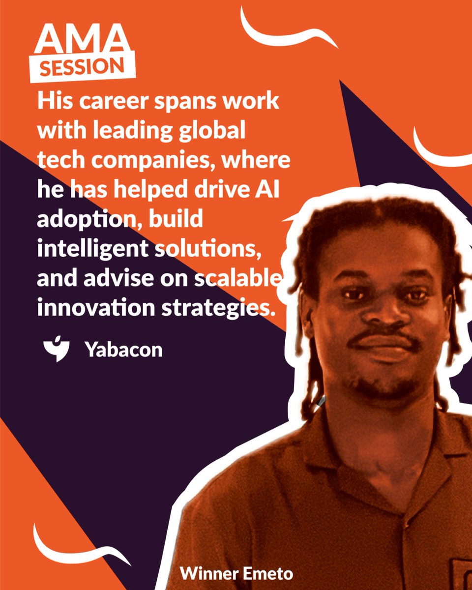 YabaconAfrica's tweet photo. 🎙 AMA SESSION ALERT! 

Meet Winner Emeto — The ex-Microsoft AI innovator, tech strategist and digital transformer whose work has shaped the future of intelligent solutions.

If you're passionate about building at scale, driving AI adoption, and generally what’s next for Africa in tech, then join us for a raw, insightful AMA session as Winner shares lessons from his professional journey. 

💬 Got a question? Drop it below or use #AskWinner.

—

🔗 Set a reminder for the space today: https://t.co/PgZi2JOGau 

📲 Tag a friend who needs to be in the room.