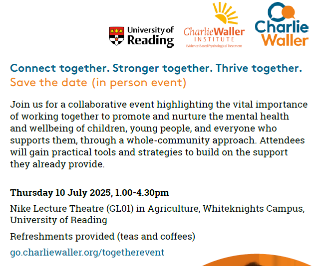 UniRdg_IoE's tweet image. #upcomingevent
🗓️Thursday 10 July
⏰1pm-4pm
🎟️go.charliewaller.org/togetherevent
A collaborative event highlighting the importance of working together to promote and nurture children's mental health and well being.
