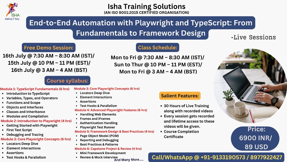 IshaKumargupta's tweet image. Isha Training Solutions presents End-to-End Automation with Playwright and TypeScript-Live Training.
Free Demo On:
16th July@7:30AM(IST)/15th July@10PM(EST)
you can register by joining the link below
docs.google.com/forms/d/e/1FAI…
call/WhatsApp@ +91-9133190573
#PlaywrightWithTypeScript