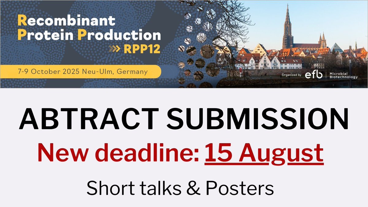 🚨 Deadline extended!
Submit your abstract &amp; register early for #RPP2025 – the leading event on recombinant protein production 🧬
📍Neu-Ulm, Germany
📅 7–9 October 2025
🆕 New deadline: 15 August!

🔗 efbiotechnology.org/RPP

#Biotech #ProteinProduction #SynBio #CallForAbstracts