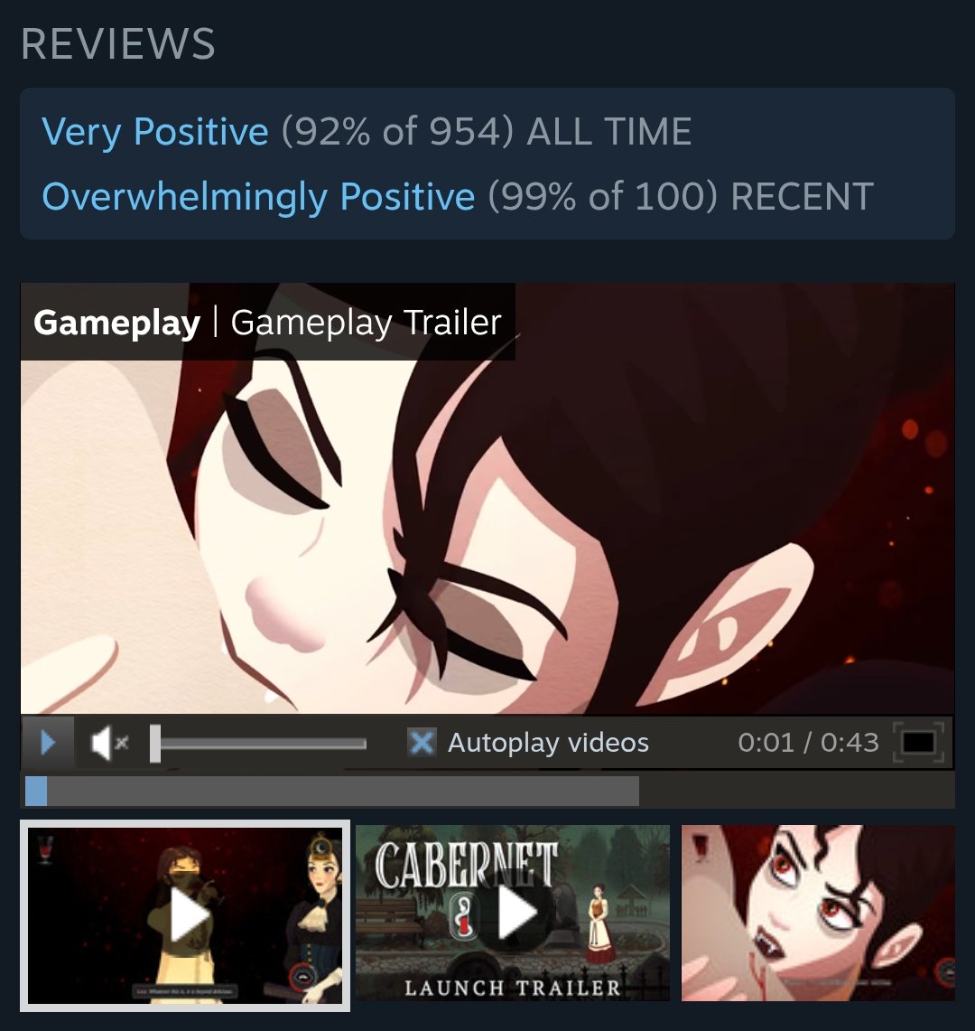 Fellow Vampires! 🧛‍♀️ We are well into our quest of getting 1000 reviews, and we are SOOO close. If you played and enjoyed Cabernet on Steam, we'd so appreciate a review - can't begin to tell how much those count 🦇 As always, thank you so very much for your undying support 🖤