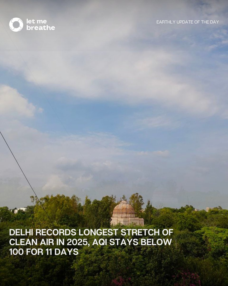 Delhi (India) gets a rare breather. For the first time in 2025, the city has recorded 11 consecutive days of ‘satisfactory’ air quality, with AQI below 100 since June 25, despite limited rain &amp; rising heat.

(Source: Indian Express)

#Delhi #aqi  #CleanAirForAll  #airpollution