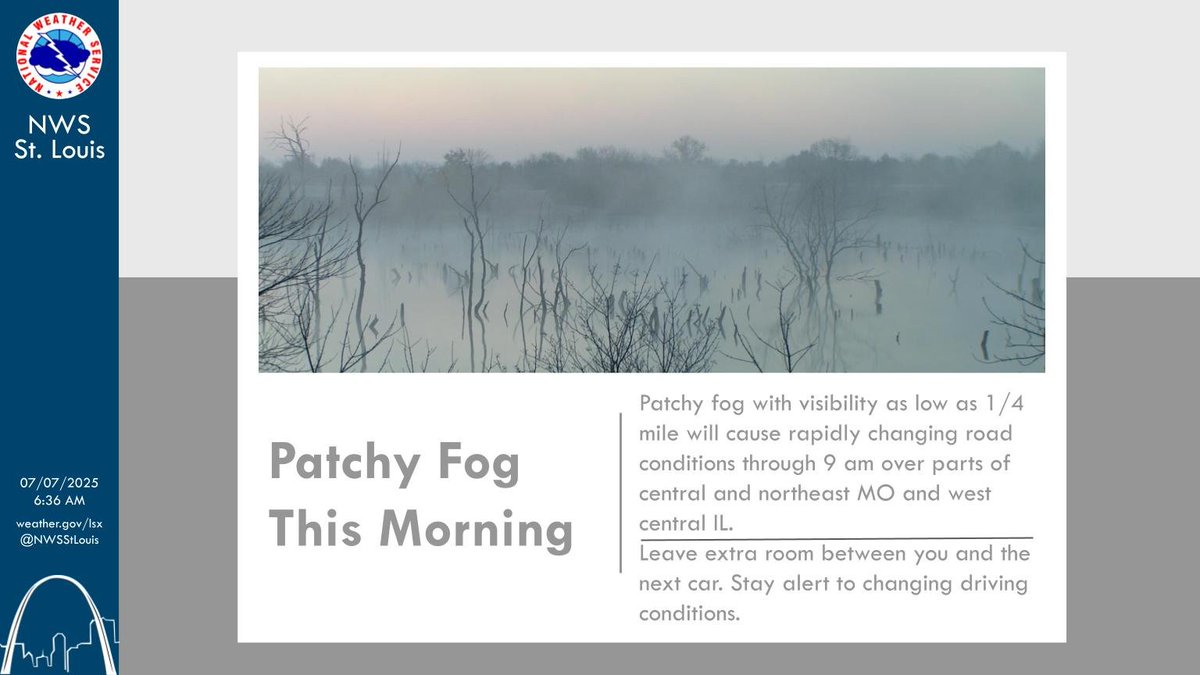 Look for patchy dense fog to reduce the visibility as one-quarter mile over parts of central and northeast Missouri as well as west central Illinois through 9 am.   Slow down and allow extra time to reach your destination this morning. #stlwx #midmowx #mowx #ilwx