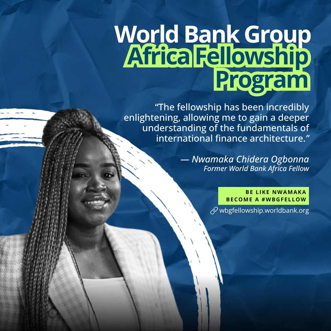 World Bank Africa (@worldbankafrica) on Twitter photo Want a glimpse into the life of #WBGfellows? <a href="/amaka_og/">Dr Nwamaka Chidera Ogbonna (PhD)</a> shares her tips for success during the fellowship, including innovating & making the most of every opportunity. PhD candidates & recent grads from Sub-Saharan #Africa, apply now! wrld.bg/a7pu50WkC6p Want a glimpse into the life of #WBGfellows? <a href="/amaka_og/">Dr Nwamaka Chidera Ogbonna (PhD)</a> shares her tips for success during the fellowship, including innovating & making the most of every opportunity. PhD candidates & recent grads from Sub-Saharan #Africa, apply now! wrld.bg/a7pu50WkC6p
